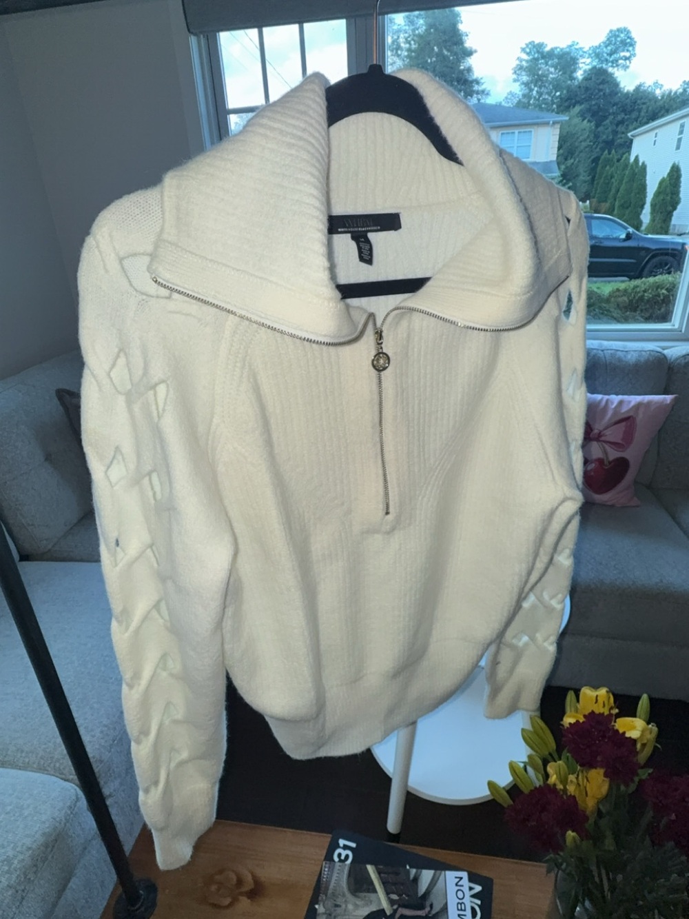 White House Black Market M Ivory Half Zip Sweater Open Lattice Sleeves